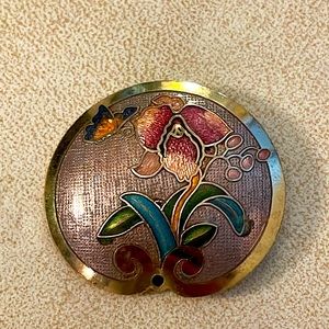Vintage Cloisonné Butterly and Flower Bolo Pendant